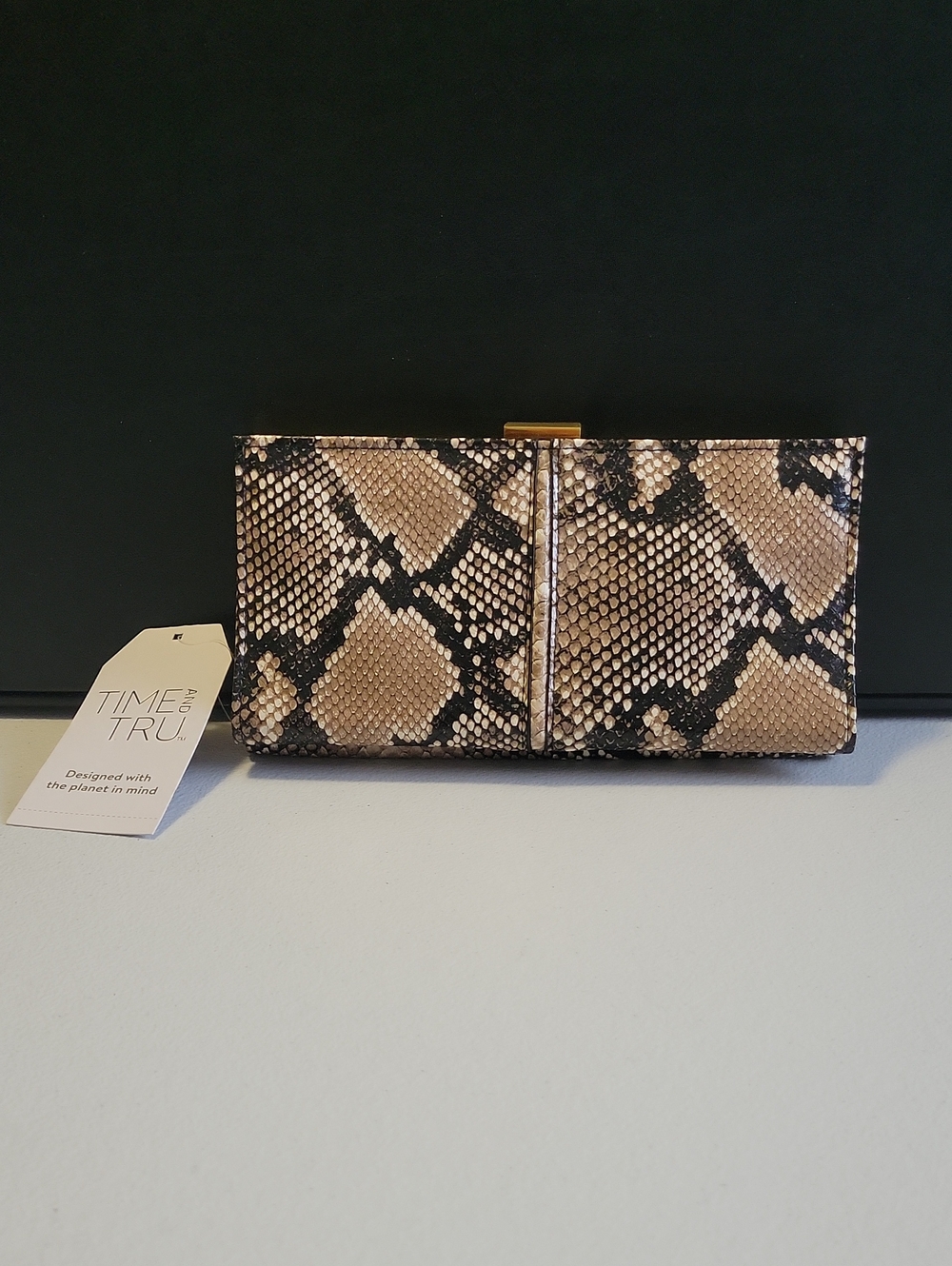 Time and Tru Beige and Black Snake-Print Clutch.   T21